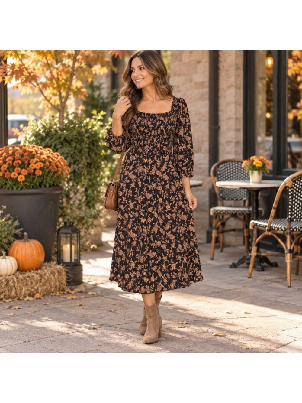 Nanette Nanette Lepore Dress 10 Black Floral Smocked Midi Boho Puff Sleeve